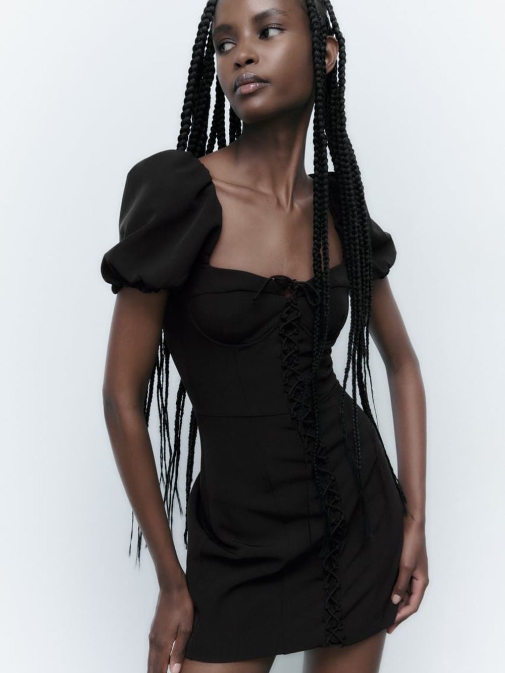 Zara Puff-Sleeve Mini Dress with Lace-Up Front Size Small